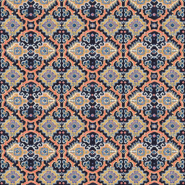 Dense navy, coral, ochre and cream geometric kilim repeat on Kami Dragon