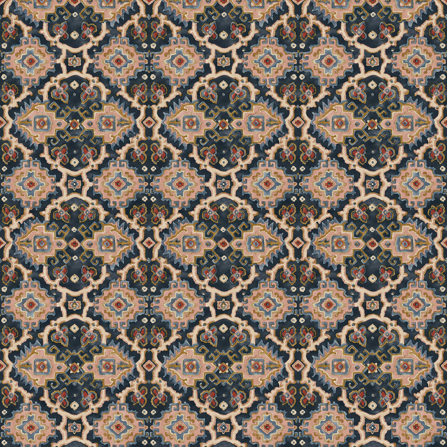 Kami Dusk fabric with navy ground and tan, blush kilim geometric motifs
