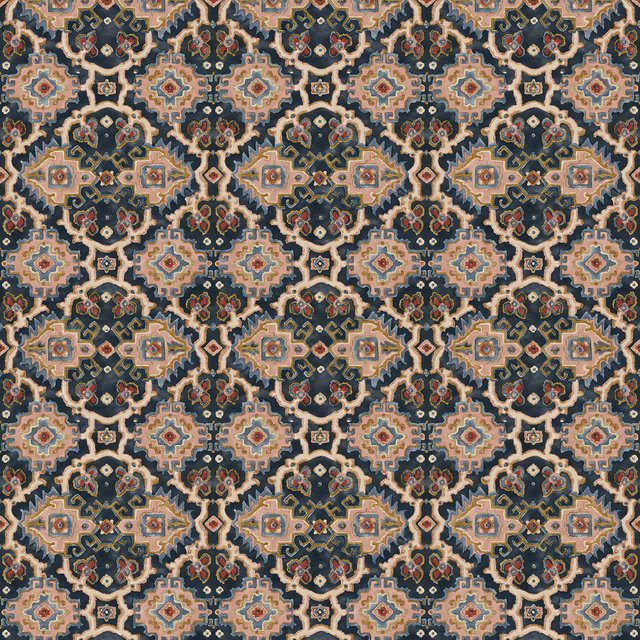 Kami Dusk fabric with navy ground and tan, blush kilim geometric motifs