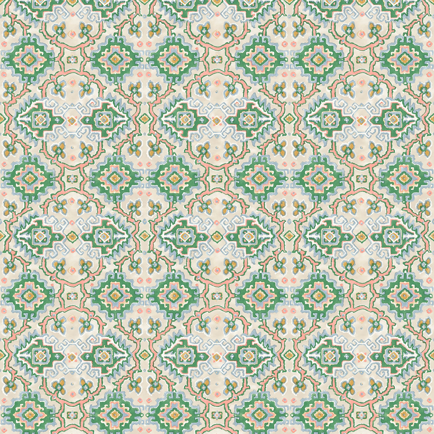 Emerald green and aqua kilim-style geometric motifs on a cream ground