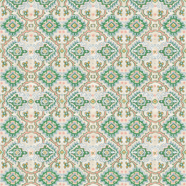 Emerald green and aqua kilim-style geometric motifs on a cream ground