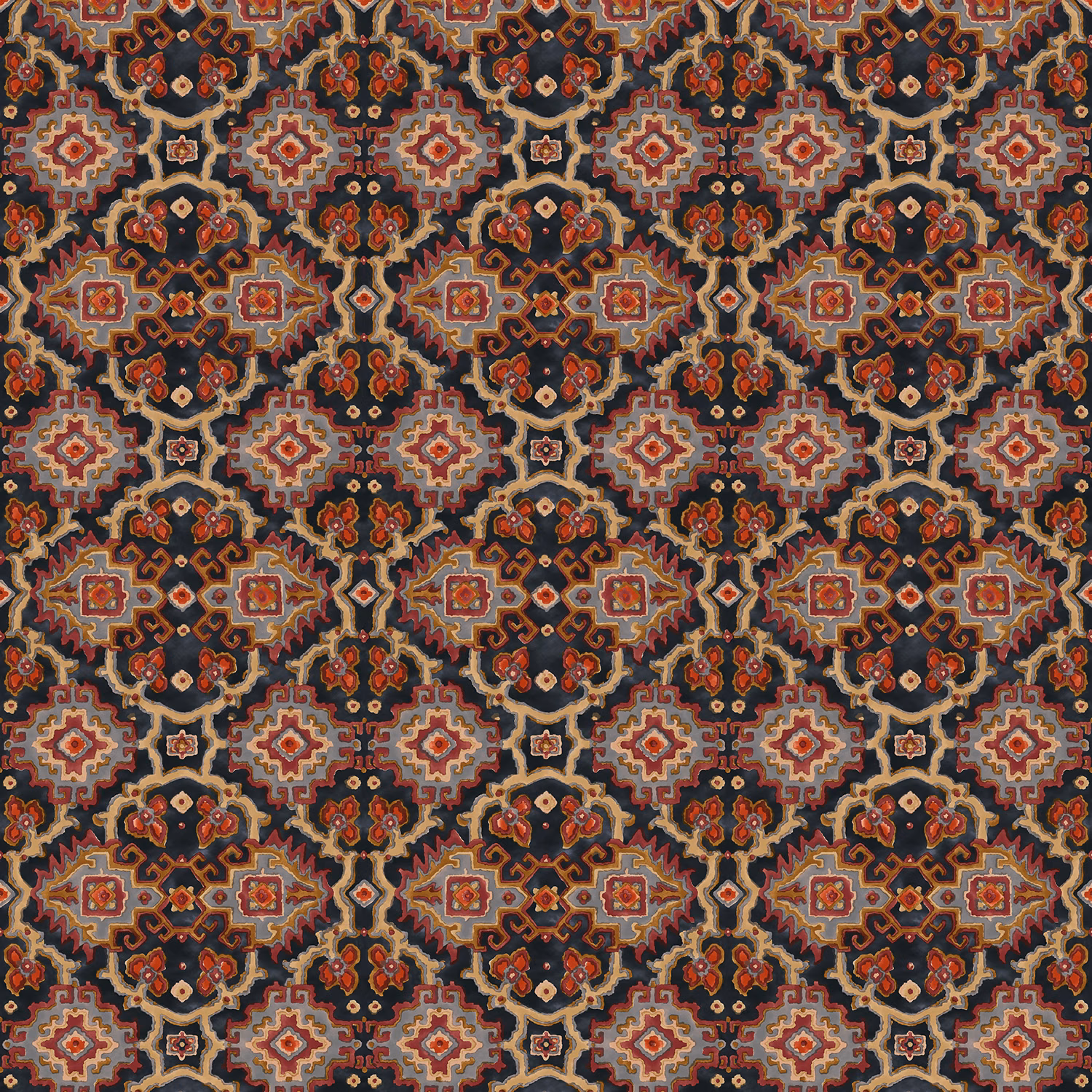 Dense Henna kilim pattern in charcoal, rust, cream and muted blue