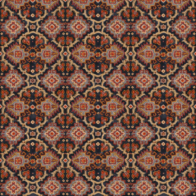 Dense Henna kilim pattern in charcoal, rust, cream and muted blue