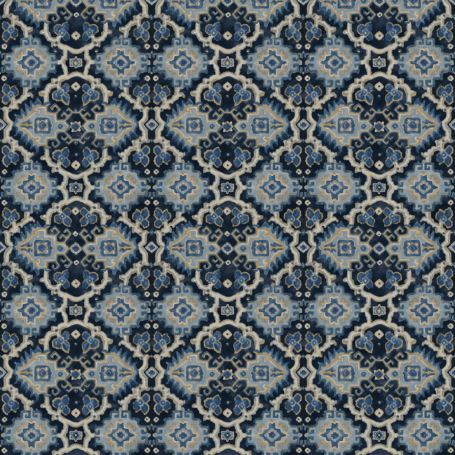 Deep indigo geometric kilim medallions with pale blue, cream and beige details