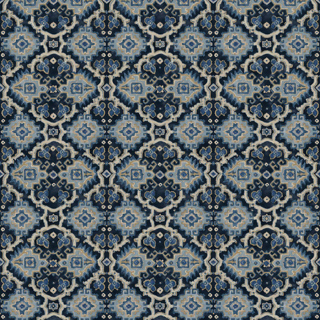 Deep indigo geometric kilim medallions with pale blue, cream and beige details