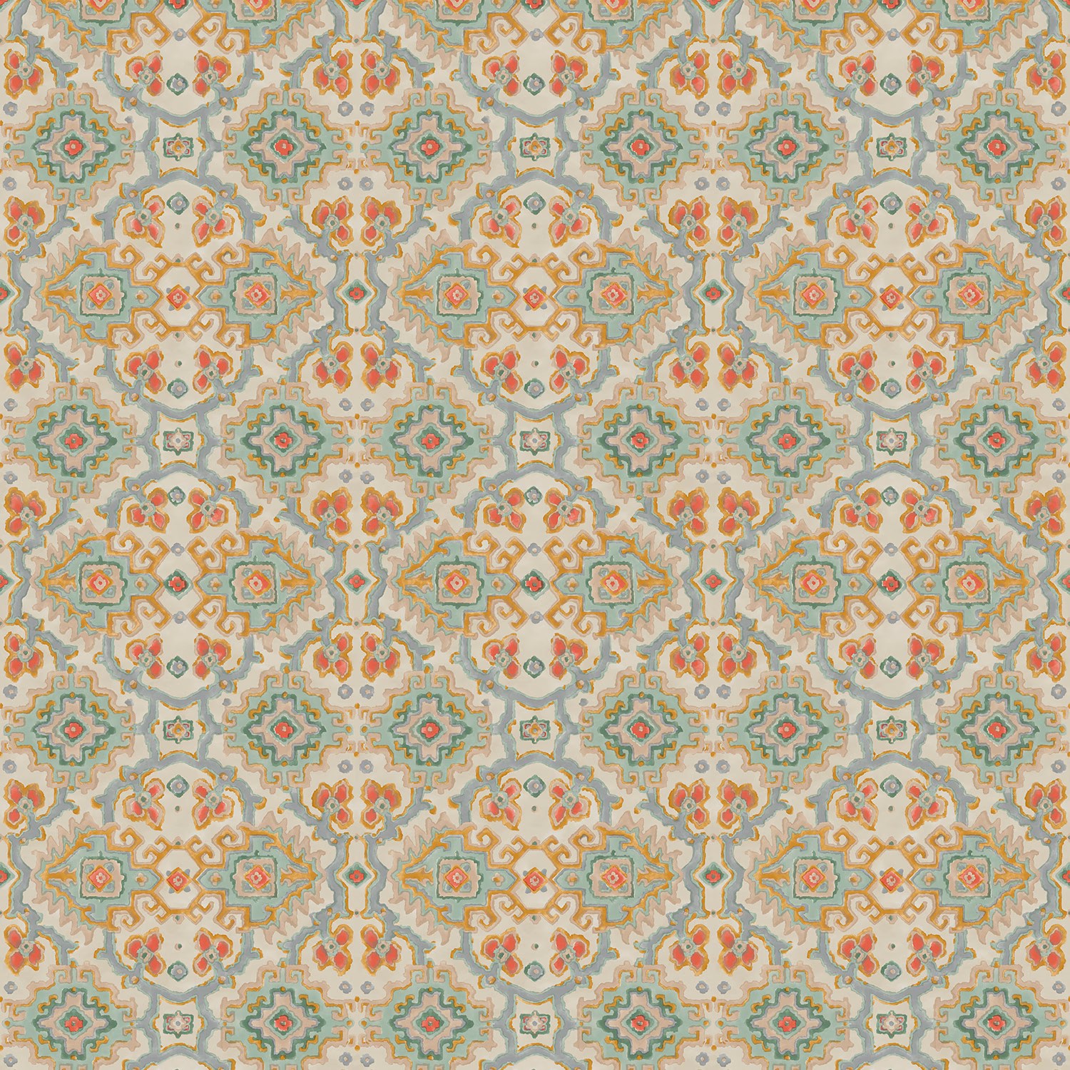 Muted jade kilim-style repeat with coral, ochre and cream geometric motifs