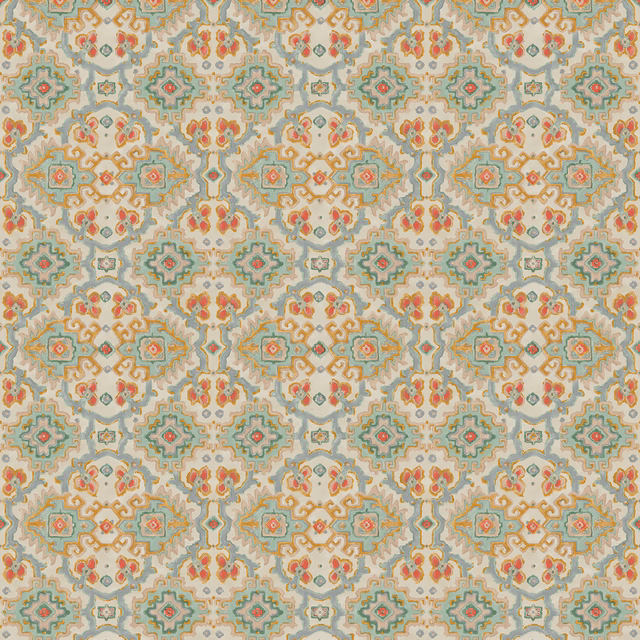 Muted jade kilim-style repeat with coral, ochre and cream geometric motifs