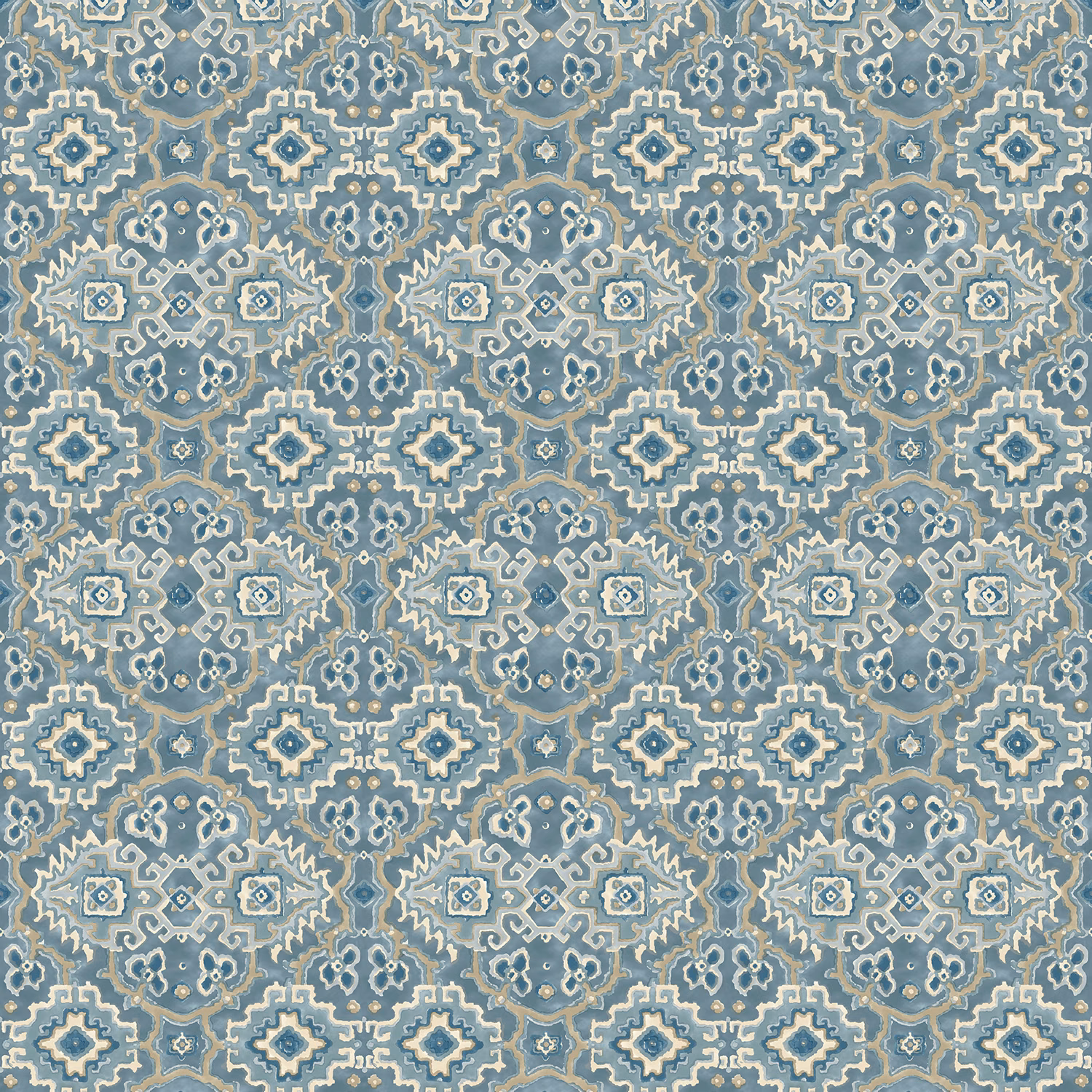 Blue-grey Kami Lago fabric with cream geometric kilim motifs and muted teal detail