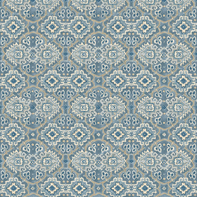 Blue-grey Kami Lago fabric with cream geometric kilim motifs and muted teal detail