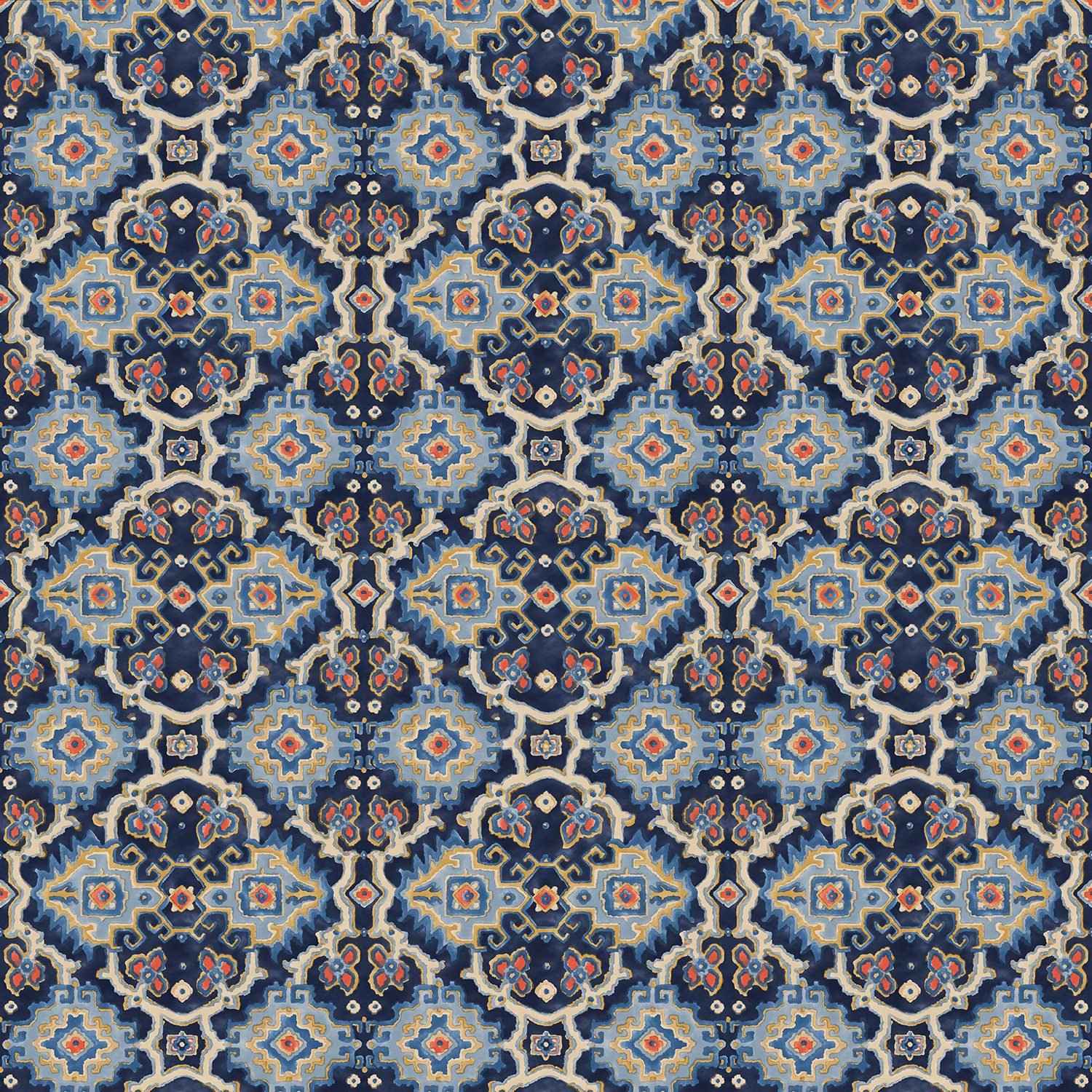 Navy geometric kilim fabric with lilac, pale blue, ochre and coral motifs