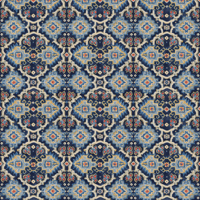 Navy geometric kilim fabric with lilac, pale blue, ochre and coral motifs