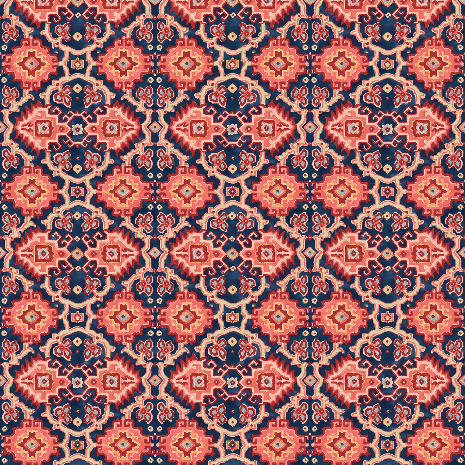Dense navy, coral and ochre geometric kilim pattern with intricate repeating motifs