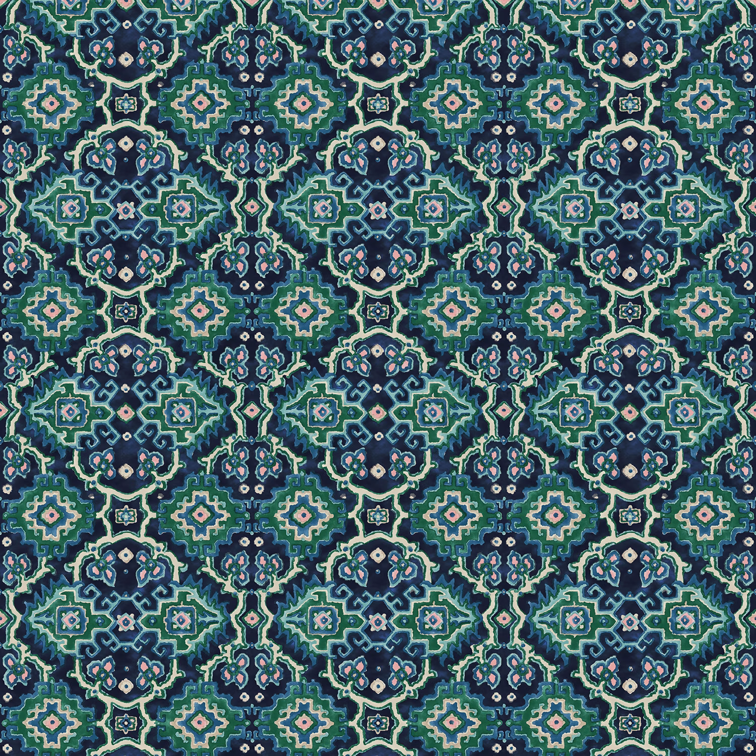 Dense seagreen kilim-style geometric pattern with navy, aqua and cream motifs