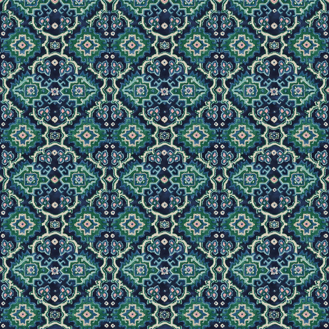 Dense seagreen kilim-style geometric pattern with navy, aqua and cream motifs