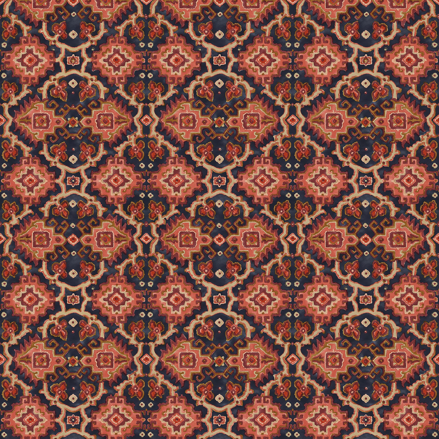 Sienna, coral, navy and cream kilim-style geometric textile with fine surface texture