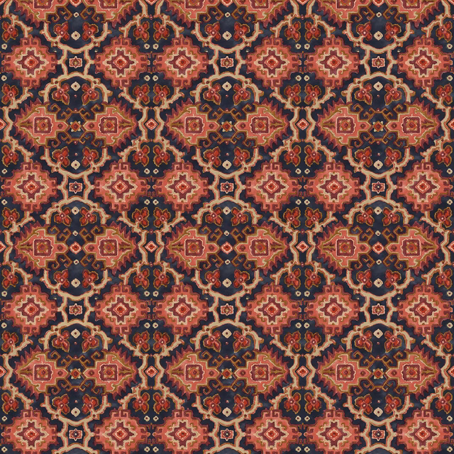 Sienna, coral, navy and cream kilim-style geometric textile with fine surface texture