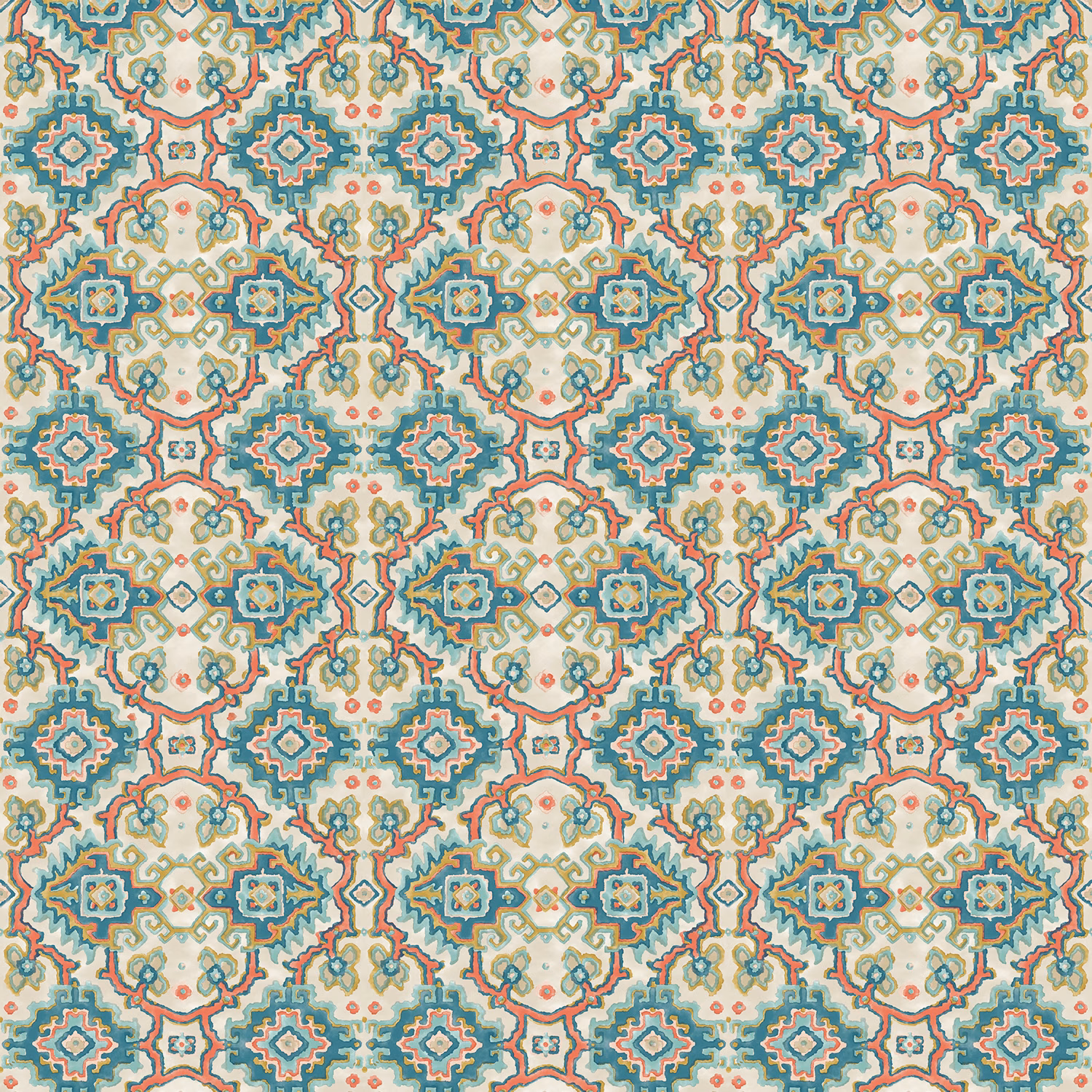 Teal, cream and coral geometric kilim-style fabric with repeating ornate medallions