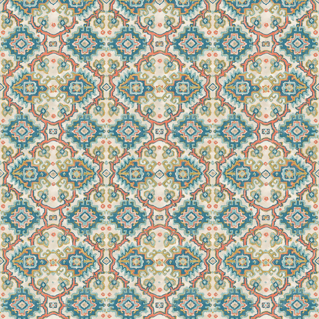 Teal, cream and coral geometric kilim-style fabric with repeating ornate medallions