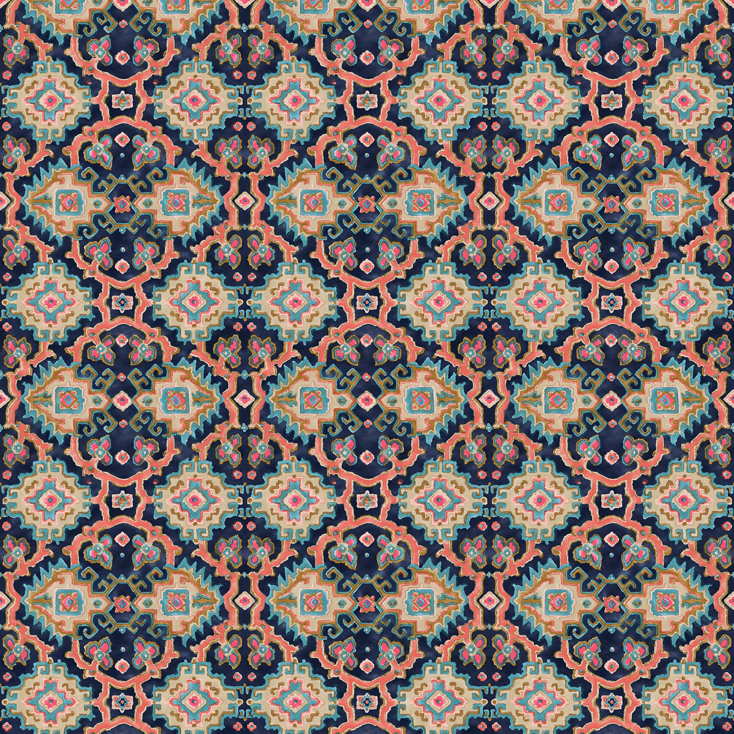 Navy geometric fabric with topaz, coral, aqua and cream Kilim-style motifs