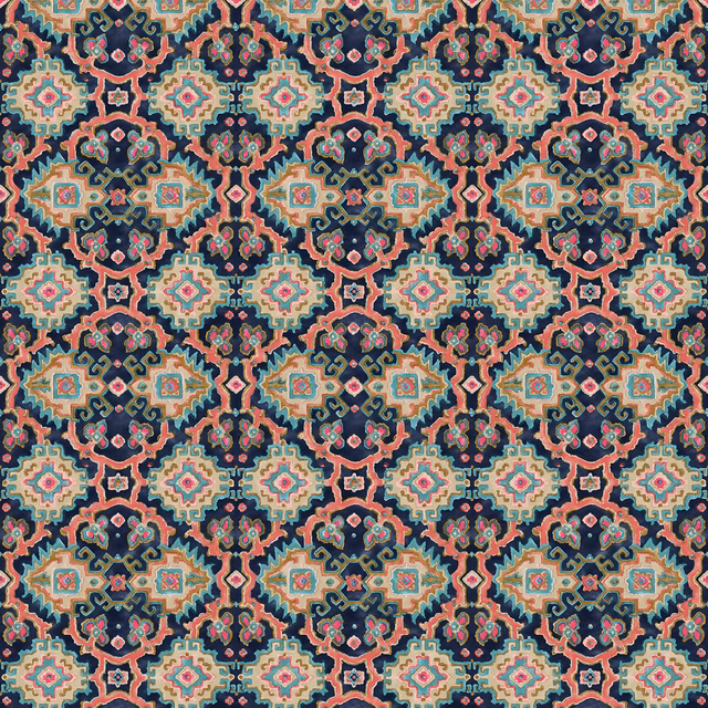 Navy geometric fabric with topaz, coral, aqua and cream Kilim-style motifs
