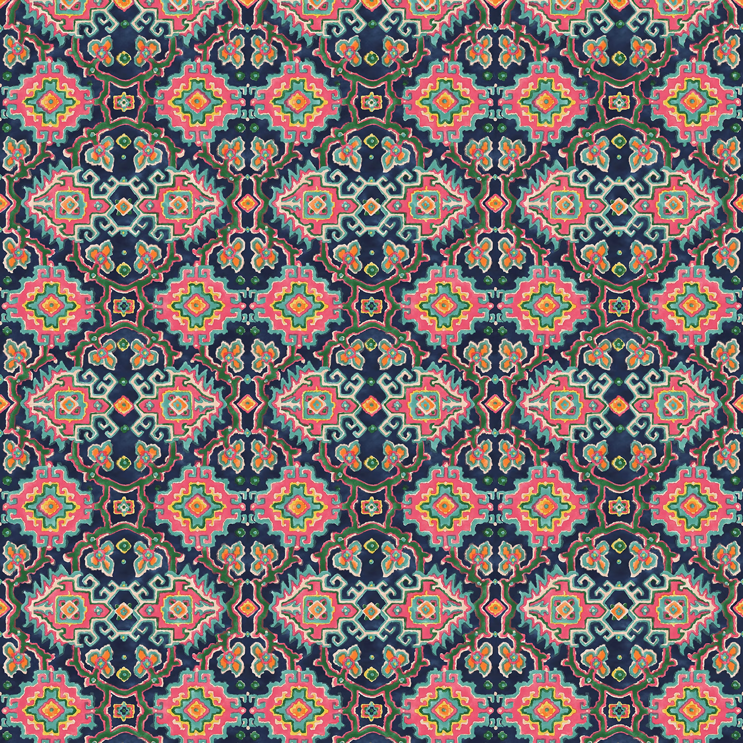 Dense navy, coral, teal and mustard geometric kilim-style pattern