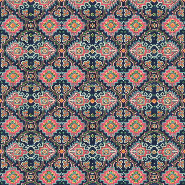 Dense navy, coral, teal and mustard geometric kilim-style pattern