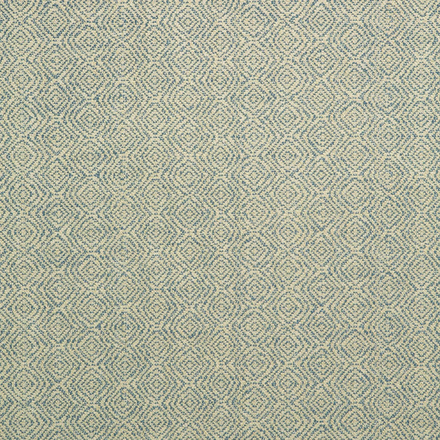 Close-up of muted cornflower-blue and cream fabric with a tiny geometric woven repeat