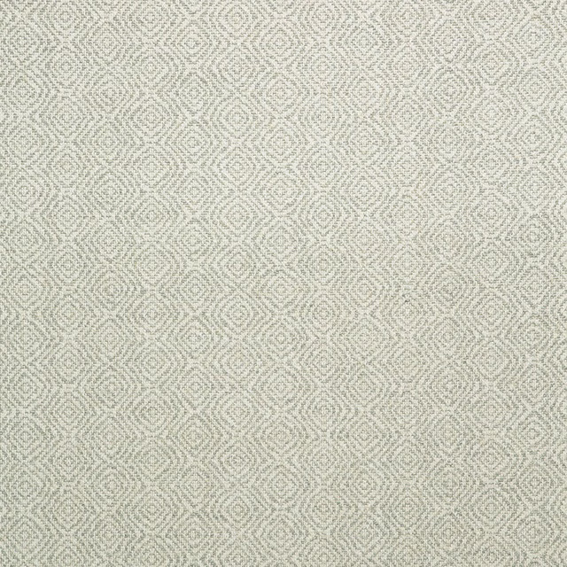 Pale cloud-grey woven upholstery with repeating small diamond maze motifs and ivory contrast