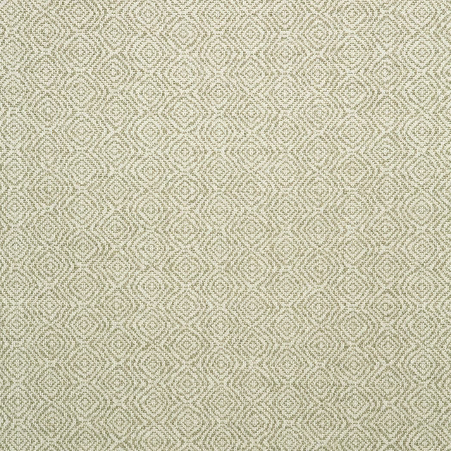 Warm cream woven upholstery with small sage diamond and maze motifs