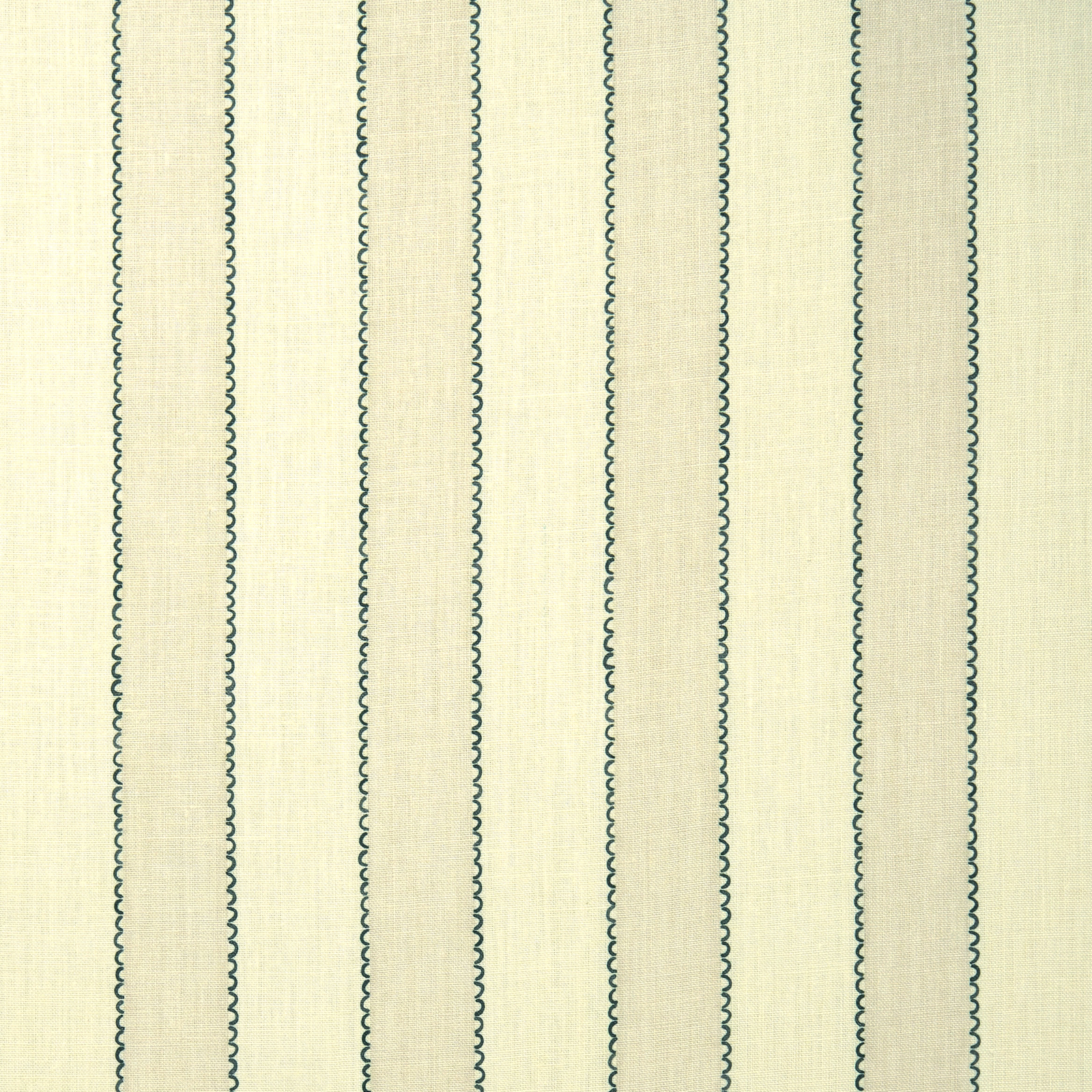 Cream linen fabric with narrow teal vertical stripes