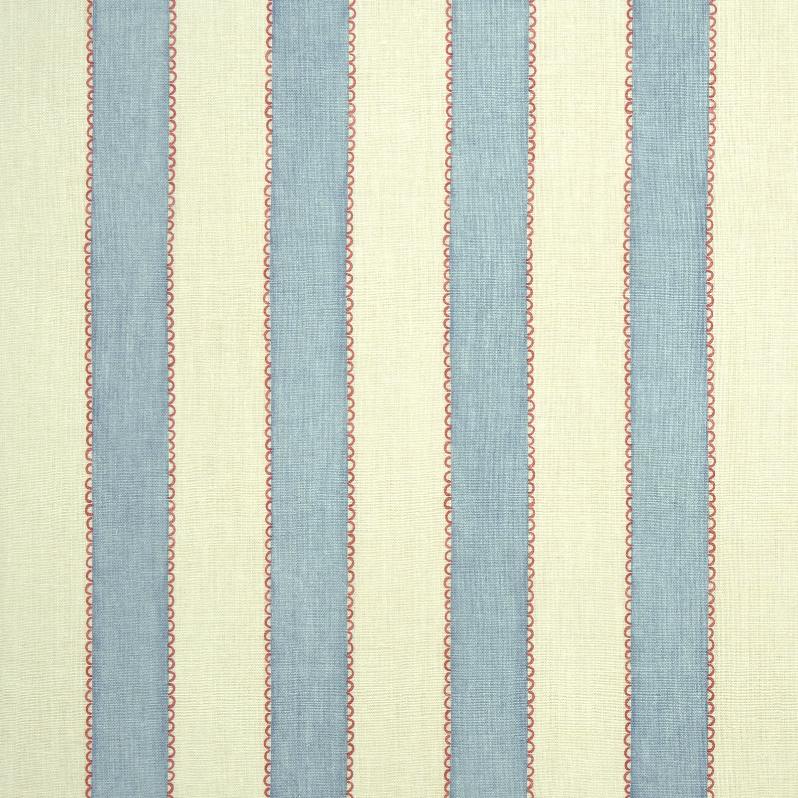 Pale linen stripe fabric with soft blue bands and coral outline