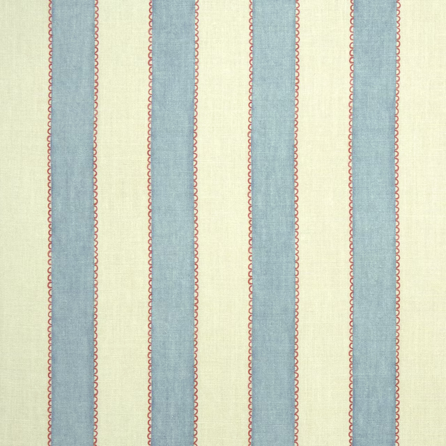 Pale linen stripe fabric with soft blue bands and coral outline