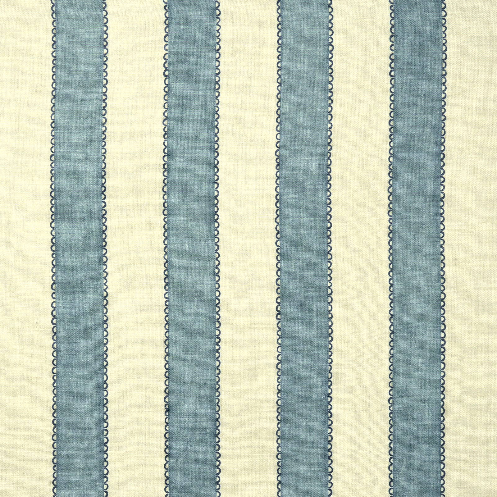 Vertical denim-blue stripes on a pale linen ground with dark outlined edges