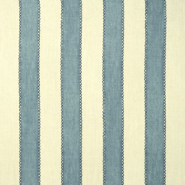Vertical denim-blue stripes on a pale linen ground with dark outlined edges
