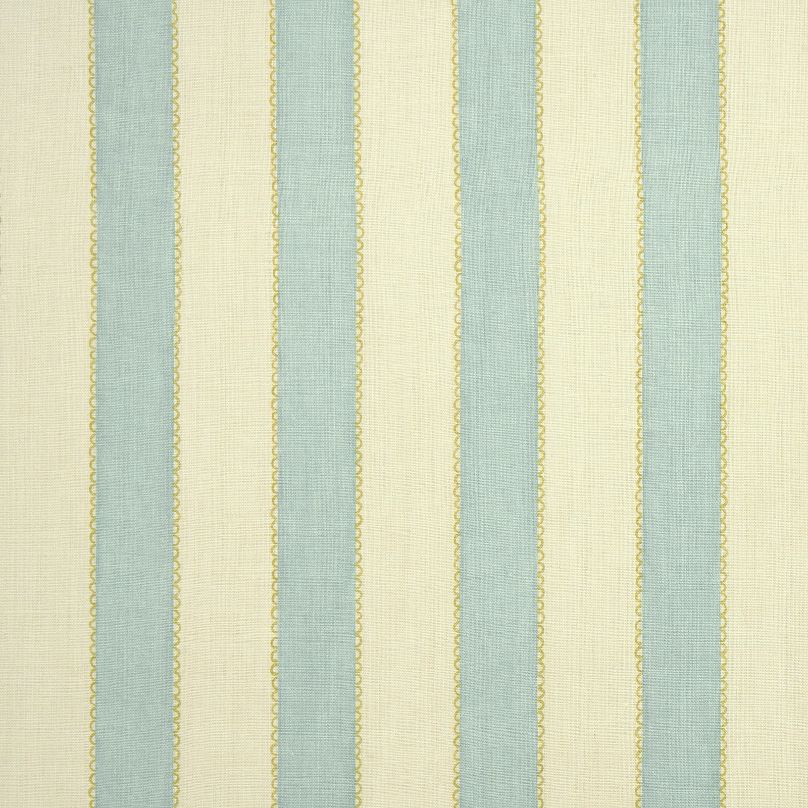 Vertical aqua and ivory linen stripe fabric with narrow gold edging