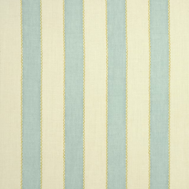 Vertical aqua and ivory linen stripe fabric with narrow gold edging