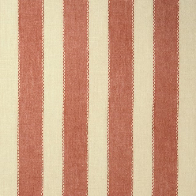 Terracotta and cream vertical linen stripe with fine scalloped edge detail