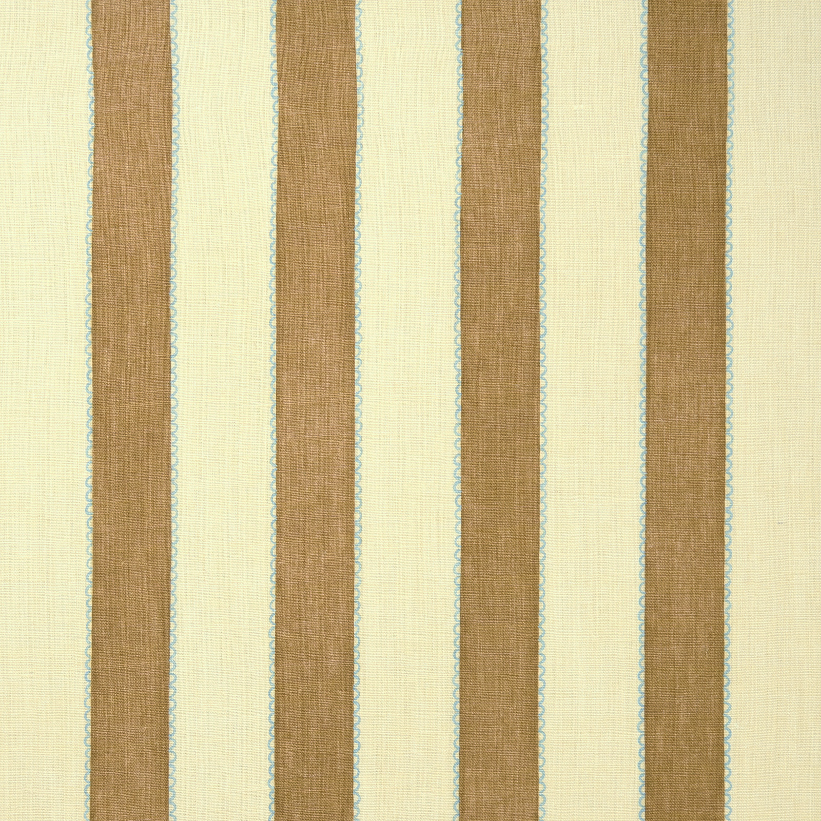Vertical fox-beige and cream linen stripes with fine blue scalloped edging