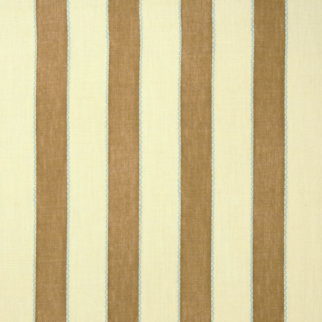 Vertical fox-beige and cream linen stripes with fine blue scalloped edging