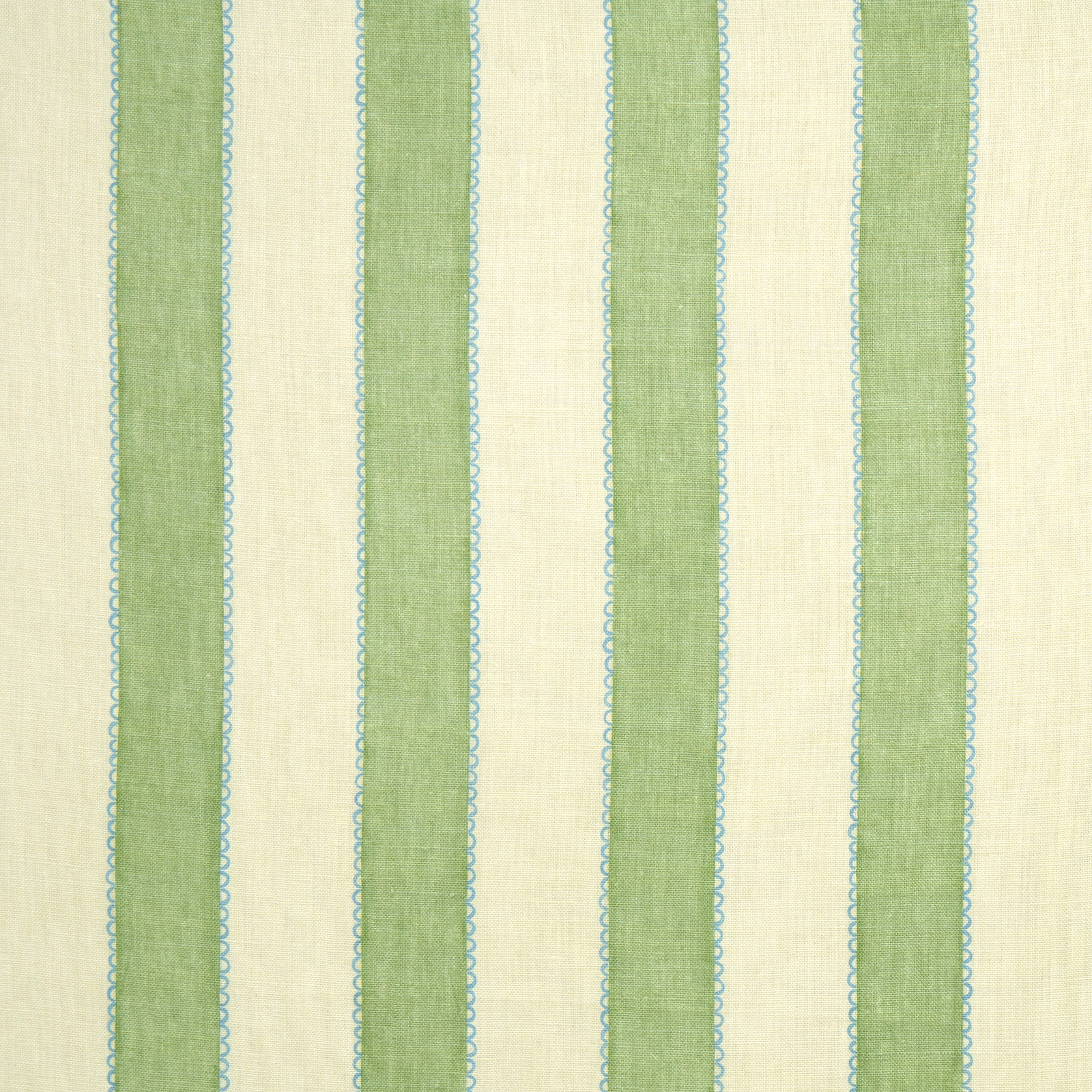 Green and cream linen stripe with fine aqua edging on woven fabric