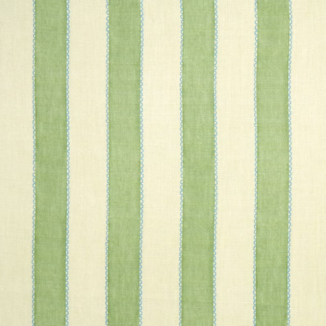 Green and cream linen stripe with fine aqua edging on woven fabric