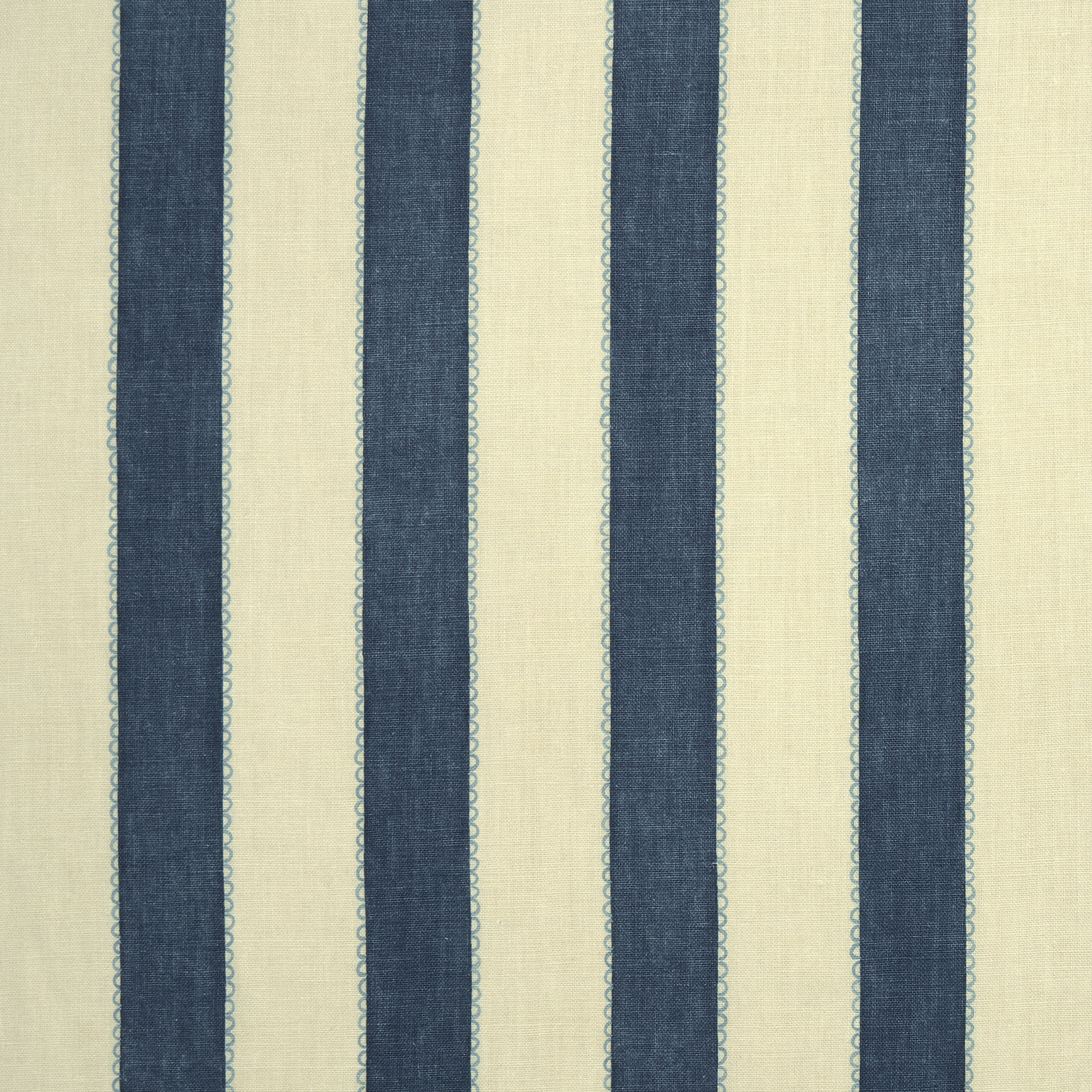 Vertical indigo and cream linen stripe fabric with fine decorative edge detail