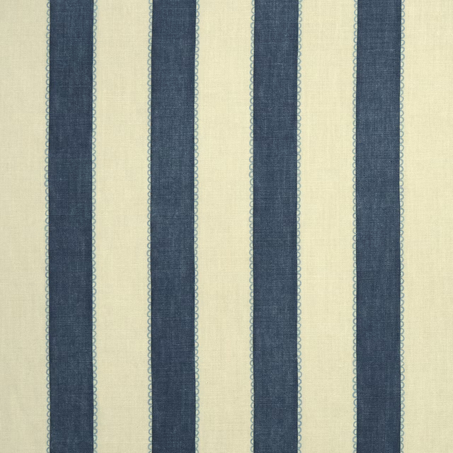 Vertical indigo and cream linen stripe fabric with fine decorative edge detail