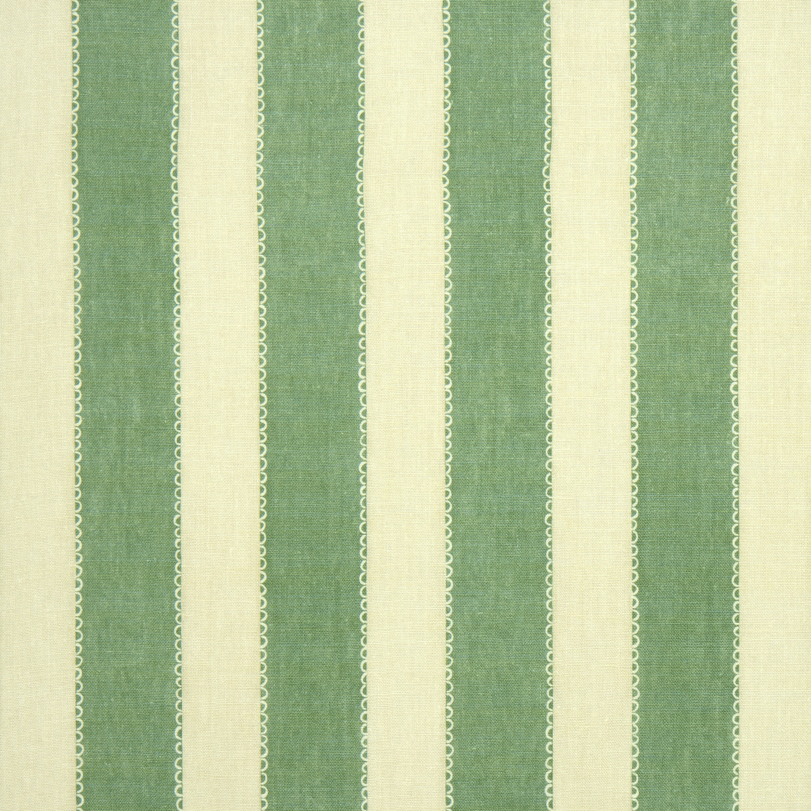 Vertical green and cream striped linen fabric with fine woven texture