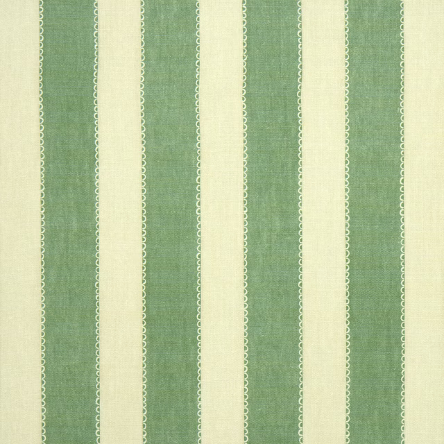Vertical green and cream striped linen fabric with fine woven texture