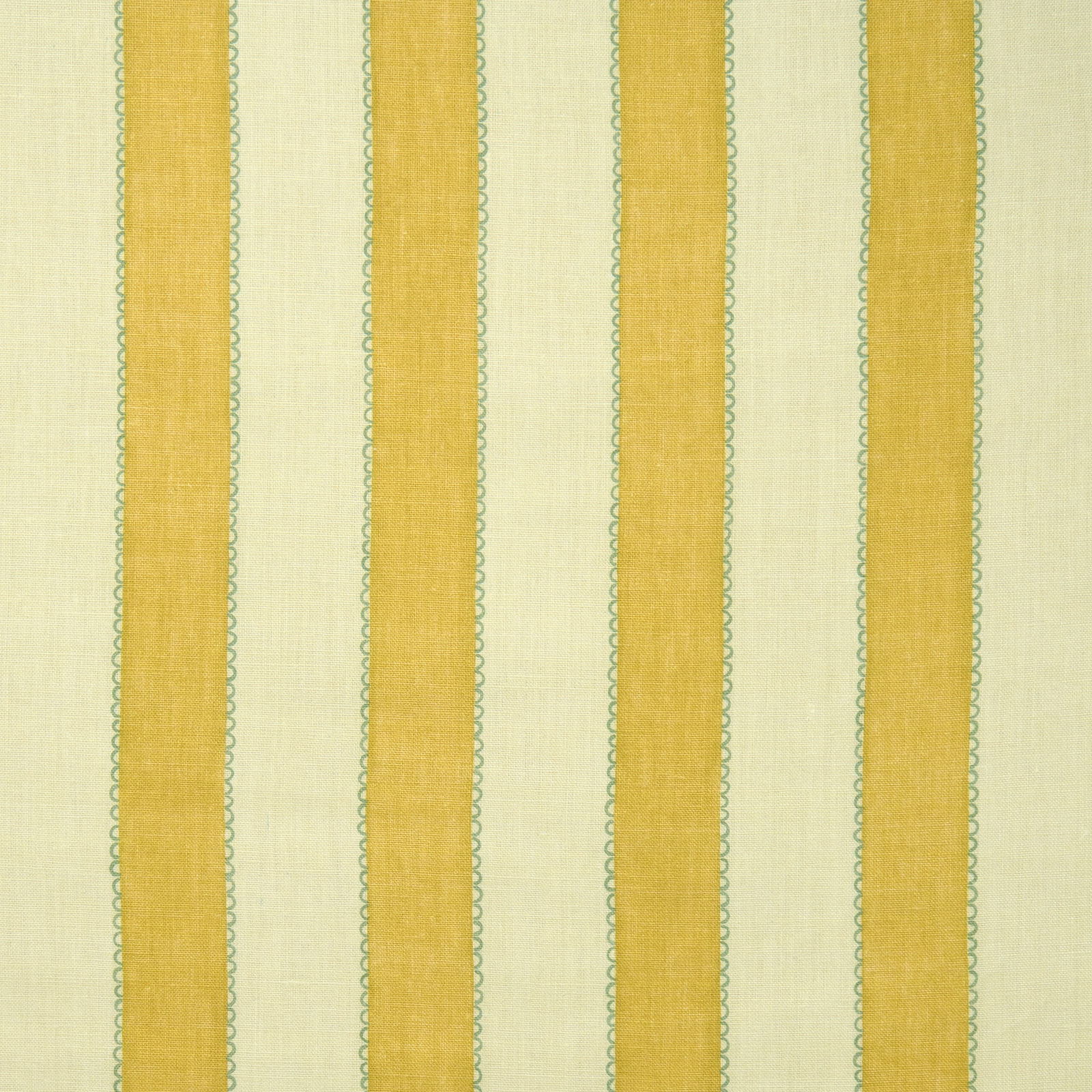 Vertical soft golden-yellow stripes on a pale linen ground with narrow green edging