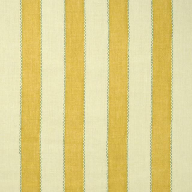 Vertical soft golden-yellow stripes on a pale linen ground with narrow green edging