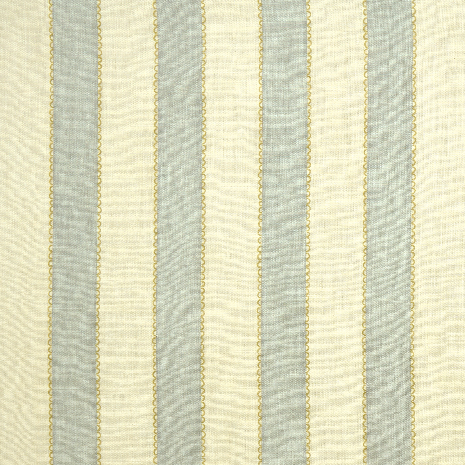 Vertical cream linen stripe fabric with pale blue-grey bands and narrow gold edging