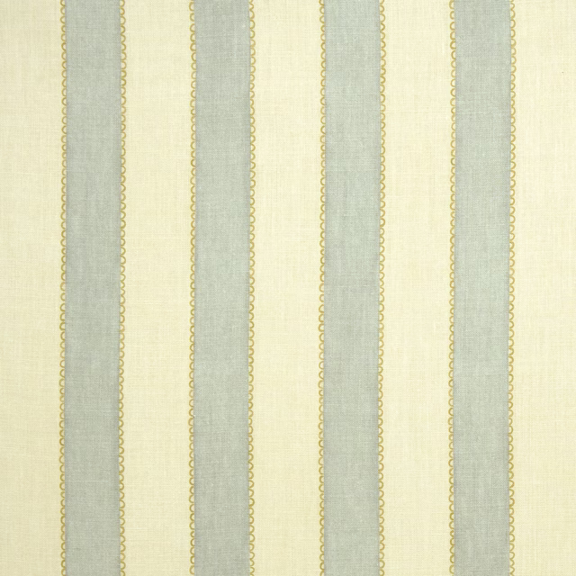 Vertical cream linen stripe fabric with pale blue-grey bands and narrow gold edging