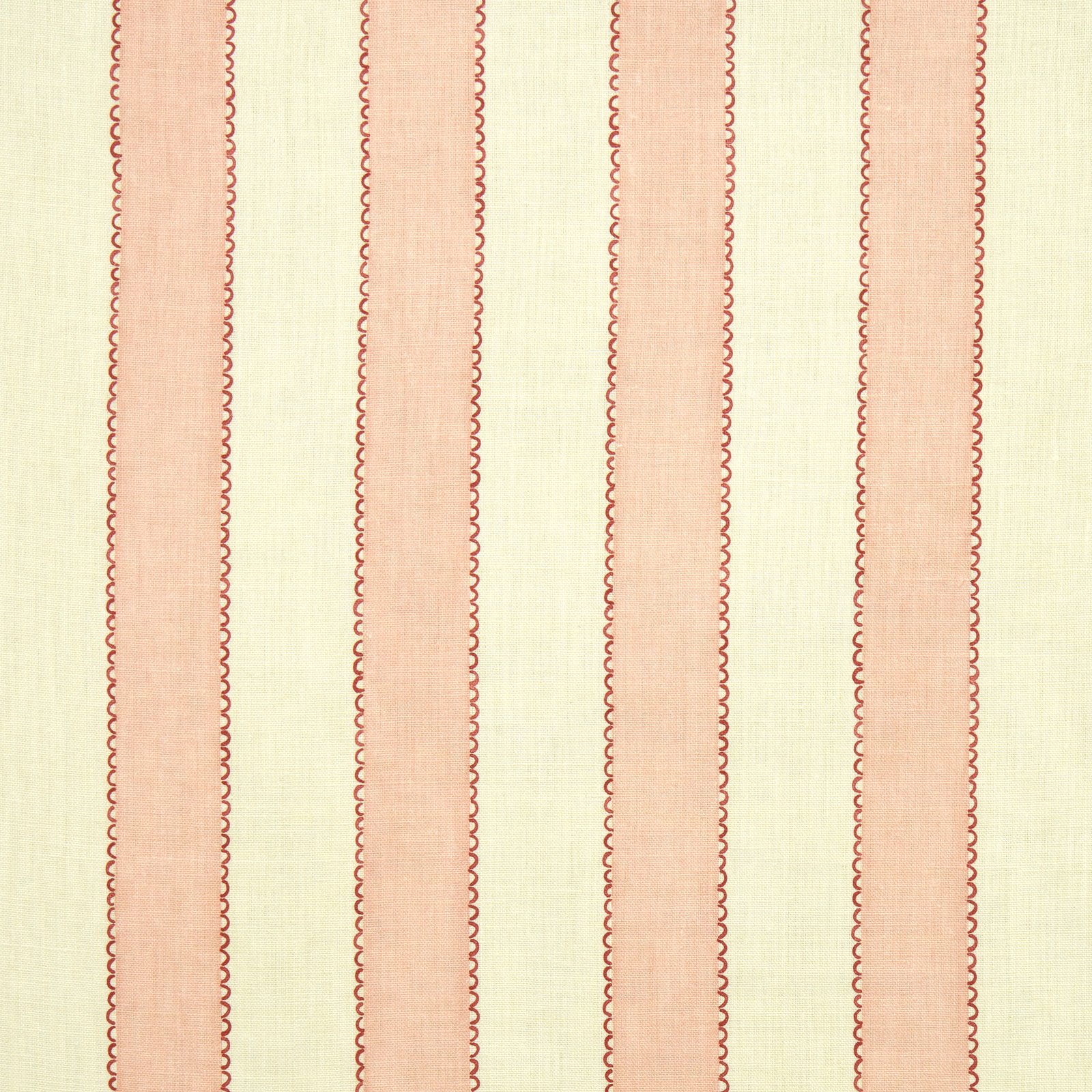 Pale pink linen stripe fabric with scalloped coral edging on cream ground